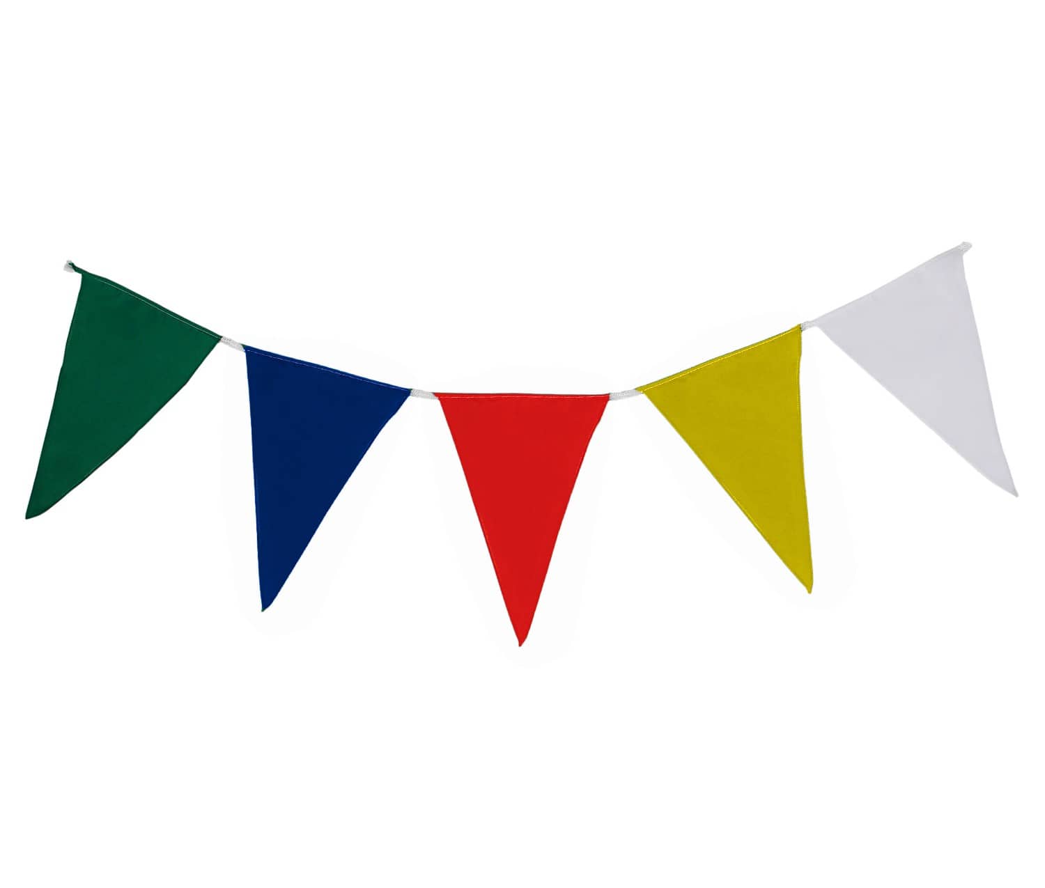 Produktbild von Wimpelkette bunt (grün-blau-rot-gelb-weiß) aus Stoff » Premiumqualität « Wind- und Wetterfest an Nylonseil